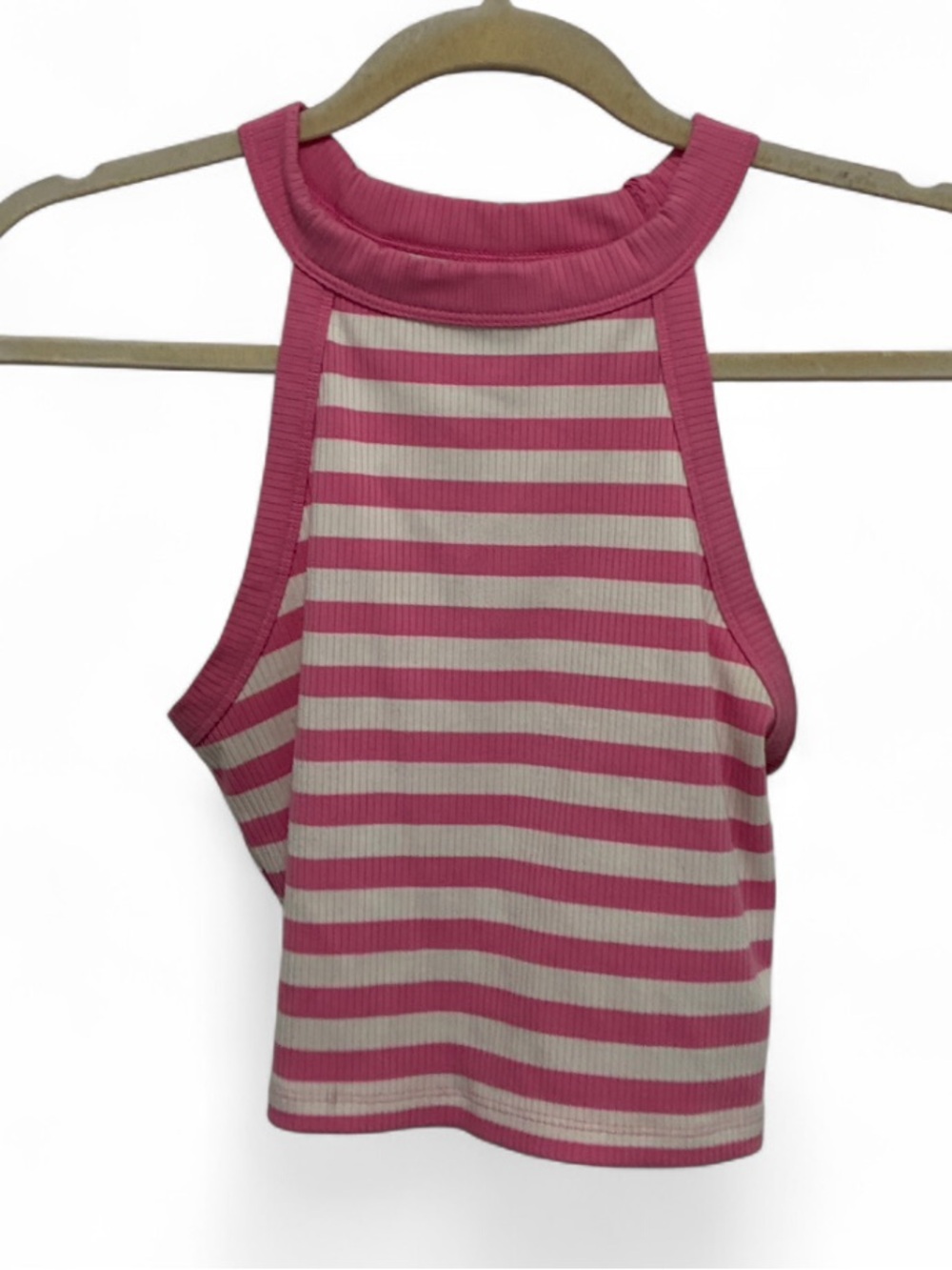 American Eagle Pink White Striped Ribbed Cropped Tank Top